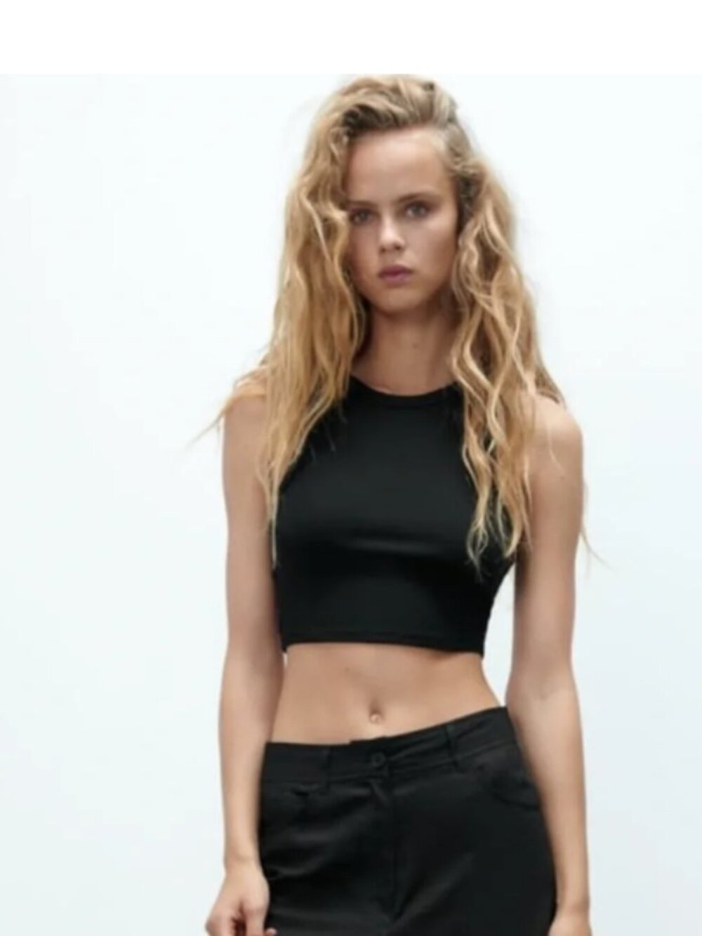 Zara Black Ribbed Cropped Tank Top Large